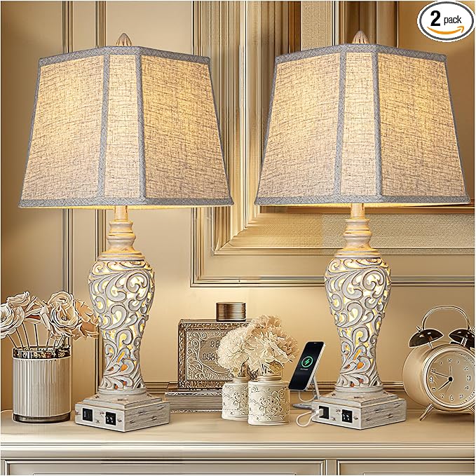 28.5" Table Lamps Set of 2 - Bedside Lamp with Fabric Shades - for Bedroom and Living Room with USB and Nightlight - Perfect for Nightstands and Bedrooms-CasaMuseHome