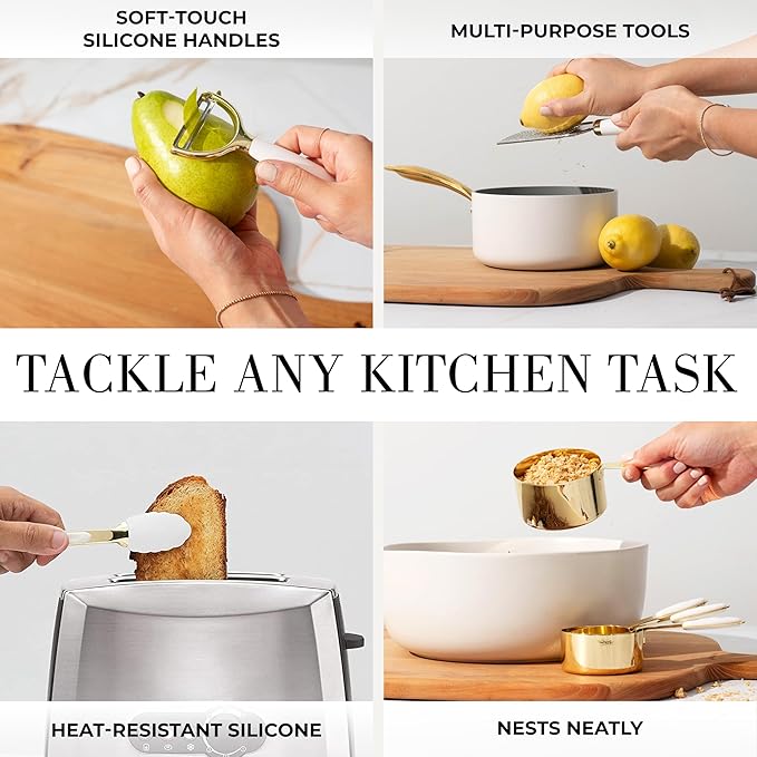 Styled Settings White and Gold Kitchen Utensils Set – 16-Piece Silicone Cooking Utensils with Measuring Cups and Spoons-CasaMuseHome