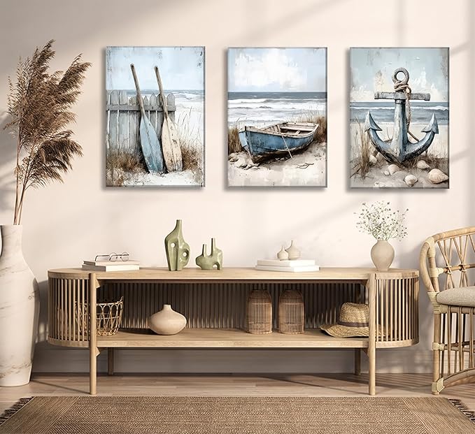 3Pcs Coastal Beach Canvas Wall Art Sailboat Paddle And Anchor Paintings Pictures Wall Decor Nautical Posters Prints Artwork Suitable for Living Room Bedroom Home Office Corridor Home Decroation-CasaMuseHome