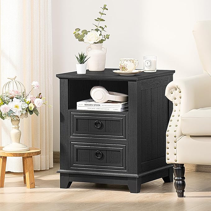 18" Night Stands Set of 2 with Charging Station, Farmhouse 2 Drawers End Table Dresser for Bedroom, Black Wooden Nightstand, Bed Side Table with Open Shelf, Bedside Cabinet for Living Room-CasaMuseHome