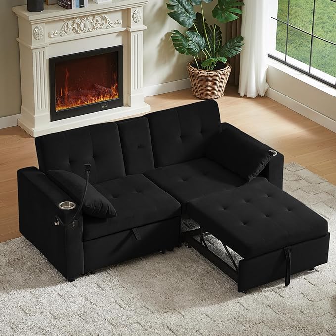 70" Queen Size Sofa Bed for Living Room – Pull-Out Sleeper Sofa Couch with Cup Holder, Phone Holder, USB Charging Port, Solid Wood Frame, Easy Assembly, Space-Saving Design for Small Apartments-CasaMuseHome