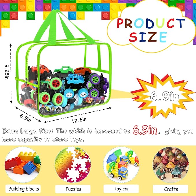 6 Colors Widen X-Large Toy Storage Bags 12.6×9.25×6.9In with Labels, Reusable Clear PVC Board Game Storage, Travel Waterproof Organizer Bags with Zipper for Building Blocks, Puzzle, Stuffed Animals-CasaMuseHome