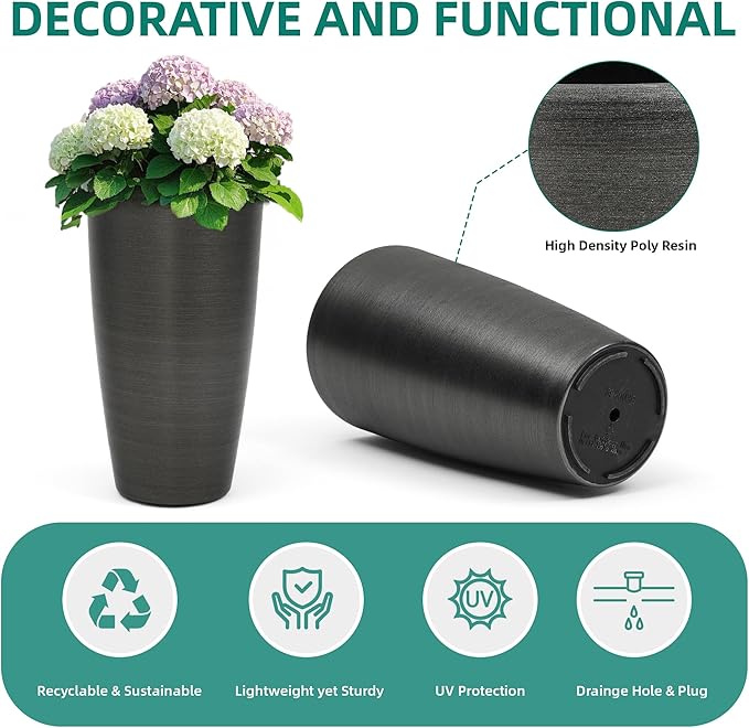 22.8" Resin Planters for Outdoor Plants, Set of 2 Modern Large Flower Pots with Handmade Brushed Metal Finish, Weather Resistant for Indoor/Outdoor Year-Round Use-CasaMuseHome