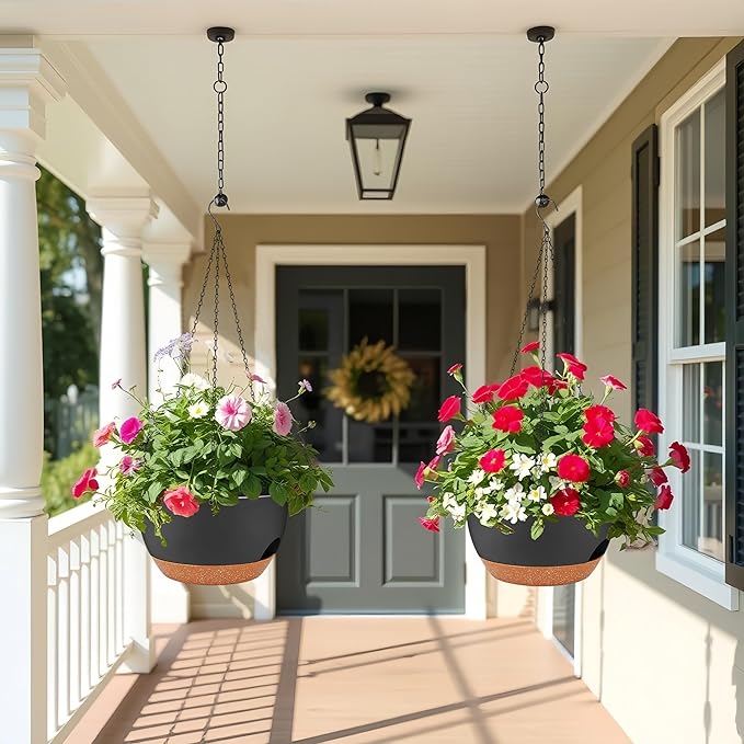 2 Pack 12 Inch Large Hanging Planters with Chains Self Watering Black Brown Plastic Hanging Pots for Indoor Outdoor Plants, Garden Porch Home Decor，Black Brown-CasaMuseHome