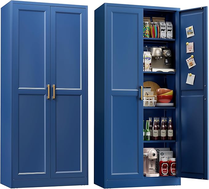71" Storage Cabinet, Metal Pantry Cabinet, Kitchen Pantry Storage Cabinets with Doors and 4 Shelves, Cabinets for Laundry Room, Living Room, Dinning Room, Assembly Required, Blue-CasaMuseHome