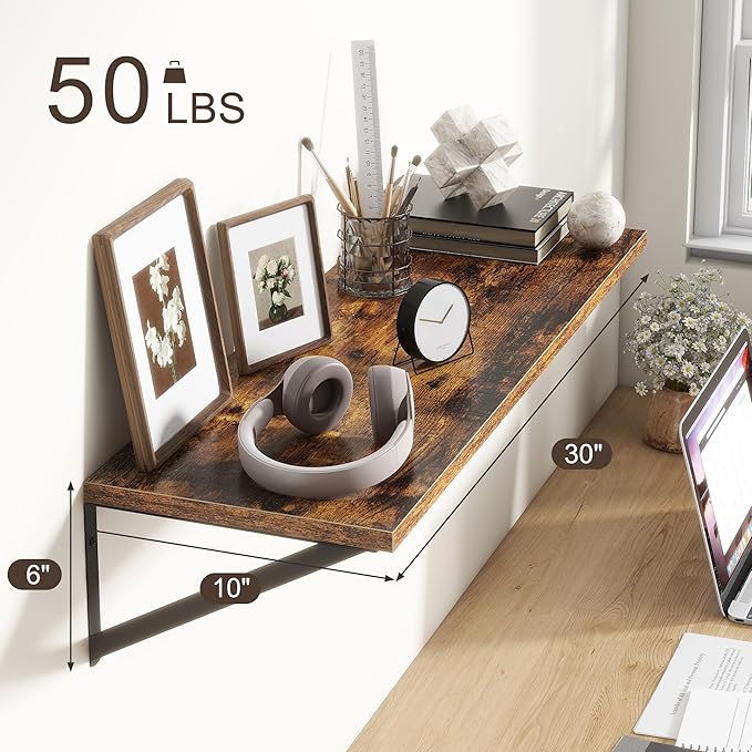10 Inch Deep Floating Shelves, Floating Shelves 30 Inch Long, Rustic Wood Wall Shelves 30"W x 10"D, Deep Floating Shelf with Bracket, Wide Storage Shelves for Living Room, Bathroom, Rustic Brown-CasaMuseHome