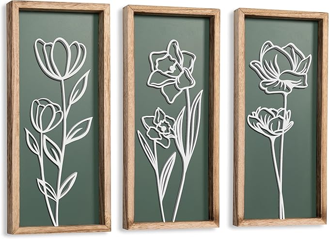 3D Floral Green Wall Art (Set of 3) Lightweight, Wooden Ready-to-Hang Boho Framed Wall Art for Bathroom, Master Bedroom, Living Room or Office - Premium Sage Green Farmhouse Decor - Gift-Boxed-CasaMuseHome
