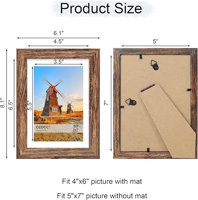 5x7 Picture Frame Set of 4, 5 x 7 Wood Photo Frames with Mat for 4x6, Natural Wooden Frame with Real Glass Cover for Wall and Tabletop Display,Rustic Brown-CasaMuseHome