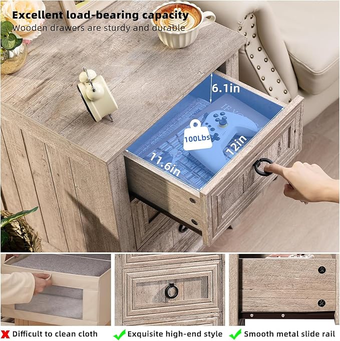 18" Farmhouse Night Stands Set of 2 with Charging Station, 2 & 3 Drawers End Table Dresser for Bedroom, Oak Wooden Nightstand, Bed Side Table with Open Shelf, Bedside Cabinet for Living Room-CasaMuseHome