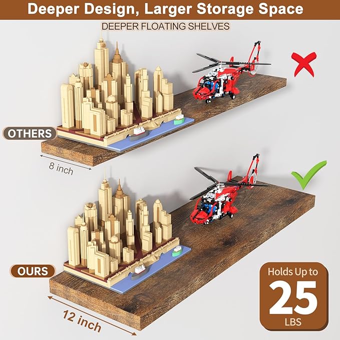 12 Inch Deep Floating Shelves for Wall 1 Pack Floating Shelves Large Storage Space Wall Mount Shelf for Living Room Kitchen Bathroom 36" W x 12" D x 1.2" H Rustic Brown-CasaMuseHome