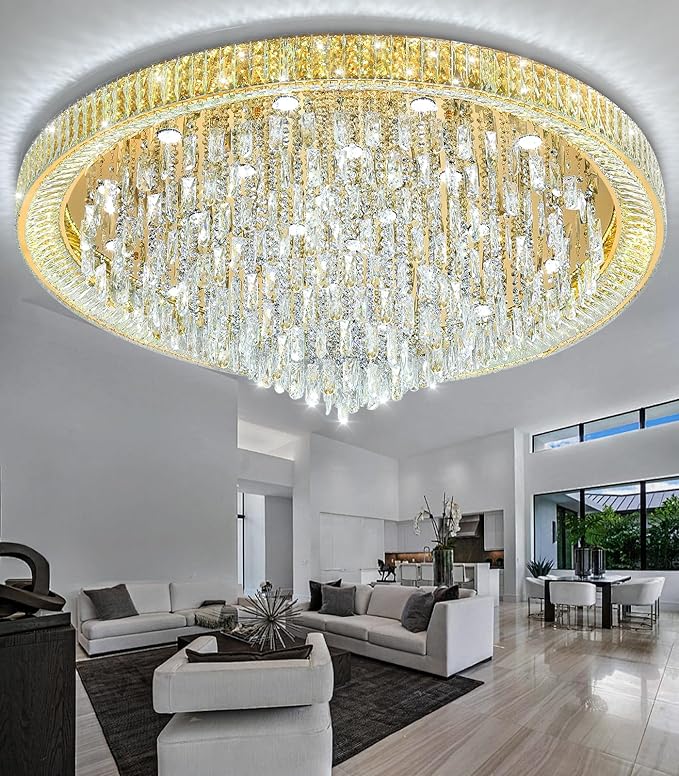 53.7'' Modern Crystal Big Large Chandeliers LED Dimmable Flush Mount Ceiling Chandeliers for Living Room High Ceiling Entrance Foyer Lobby Bedroom Gold-CasaMuseHome