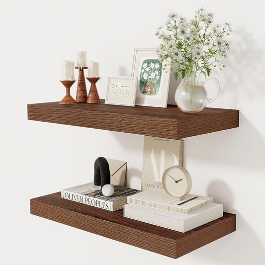 12 Inch Deep Floating Shelves, 24 x 12 Floating Shelf for Books, Rustic Wood Deep Wall Shelves for Home Storage & Display, 2" Thicked Shelves for Kitchen, Living Room, Bedroom, Walnut Color, 2 Pack-CasaMuseHome