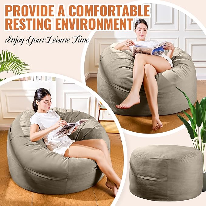 4FT Bean Bag Chair: Bean Bag with Velvet Cover, Fluffy and Comfy Bean Bag Chairs for Adults and Kids, Bean Bag Sofa Filled with High-Density Sponge for Gaming (Light Grey)-CasaMuseHome
