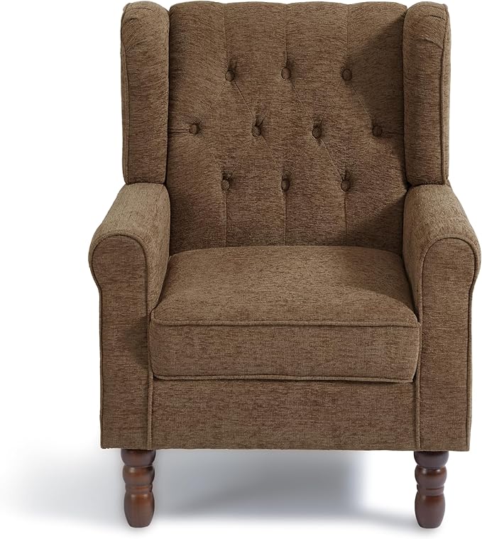 Accent Chair, Upholstered Armchair with Button Tufted High Back & Solid Wood Legs, Comfy Wingback Reading Single Sofa Chair for Small Spaces, Living Room, Bedroom (Brown, Set of 1)-CasaMuseHome