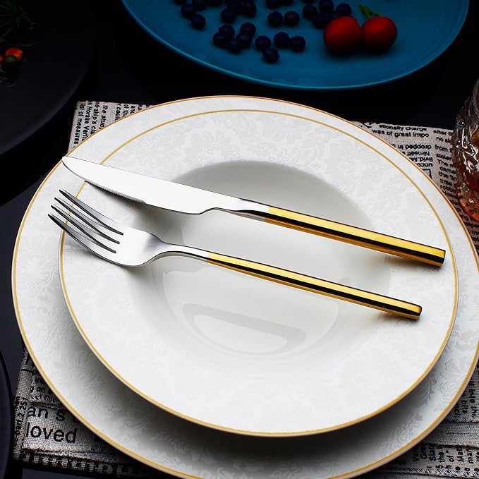 24 Piece Silverware Set For 6 Gold Handle Heavy duty 18/10 Stainless Steel Flatware Set Modern Design Knife/Fork/Spoon Mirror Polished Dishwasher Safe Cutlery Set with Gifts-CasaMuseHome