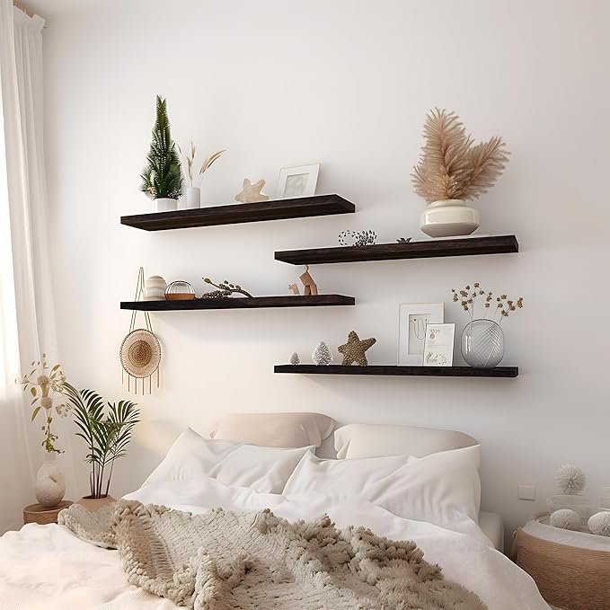 24 Inch Floating Shelves for Wall Rustic Brown Wood Wall Shelves for Bedroom Set of 4-CasaMuseHome
