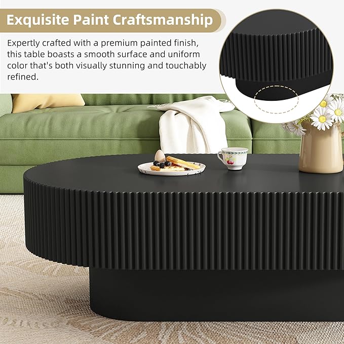 43.3" Oval Fluted Coffee Table Modern Elegant Drum End Table, Minimalist Center Table 7.8" Thick Tabletop with Sturdy Base for Living Room, Bedroom, Apartment,Easy Assembly, Black-CasaMuseHome