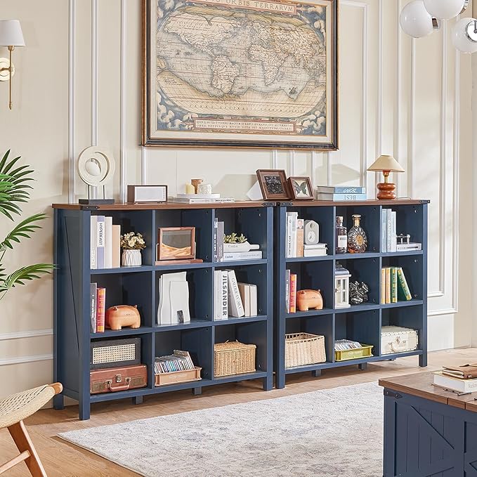 9 Cube Bookcase, Farmhouse 47 Inch Wide Navy Blue Bookshelf, Wooden 3 Tier Display Large Open Book Shelf, Vintage Horizontal Book Case for Home Office, Cubby Storage Cabinet for Living Room-CasaMuseHome