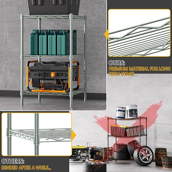 750 lbs 3-Shelf Storage Shelves Wire Shelving Unit Standing Metal Rack for Small Places Narrow Wire Rack for Bathroom, Green 13.8 D x 13.8" W x 25.5" H-CasaMuseHome