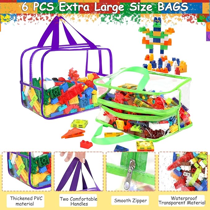 6 Colors Widen X-Large Toy Storage Bags 12.6×9.25×6.9In with Labels, Reusable Clear PVC Board Game Storage, Travel Waterproof Organizer Bags with Zipper for Building Blocks, Puzzle, Stuffed Animals-CasaMuseHome