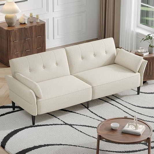 89” Futon Sofa Bed, Linen Comfy Futon Couch Bed with 2 Square Pillows, Convertible Sleeper Sofa with Adjustable Backrest& Armrests, Modern Loveseat Sleeper for Living Room, Bedroom, White-CasaMuseHome