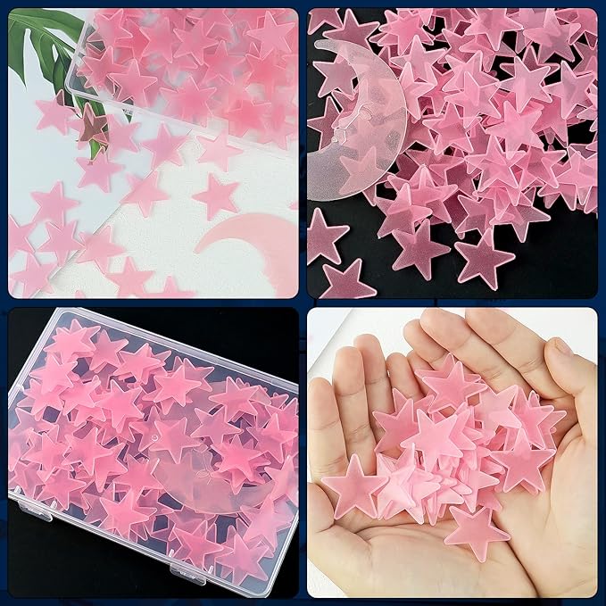 100 Stars and 1 Moon Glow in The Dark Luminous Fluorescent 3D Plastic Glow Stars Moon for Ceiling, Glowing Wall Stickers Create a Realistic Starry Sky, Room Decorations (Pink)-CasaMuseHome