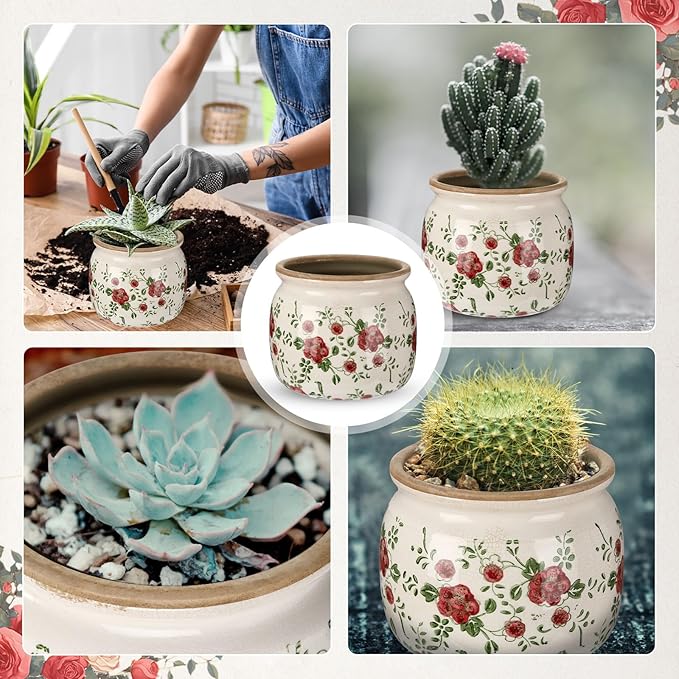 1 Pcs Vintage Planter Large Ceramic Plants Pot Red Plum Crack Cottage Scroll Vase Flower Vase Pot Indoor Plants Home Kitchen Decor Farmhouse Antique Decorative Gift-CasaMuseHome