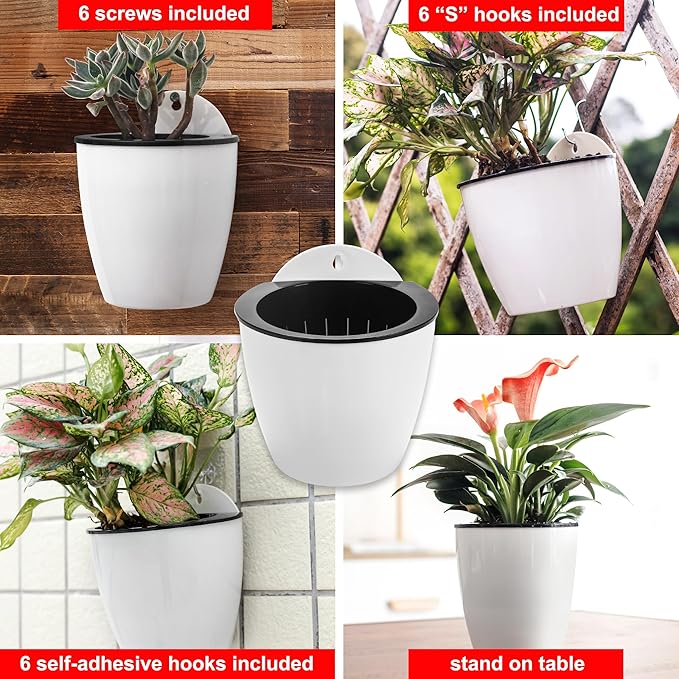 6 Pack White Hanging Planter Pots Self Watering Vertical Garden Wall Mount Window Hang Round Plastic Container Indoor Outdoor for Plants Flowers Succulent Kitchen Living Herbs Holder Decor(Large)-CasaMuseHome