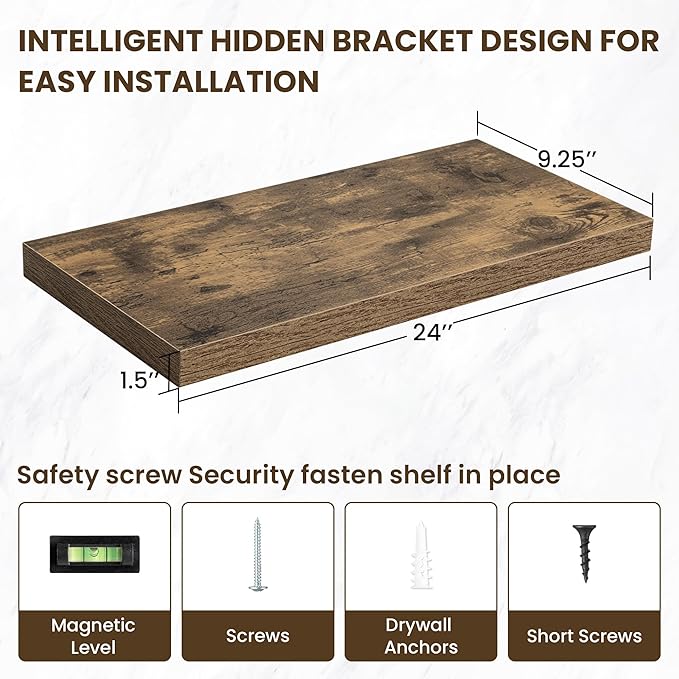 24 Inch Floating Shelves, 24"x9.25"x1.5" Inch Deep Floating Shelves for Wall, Wooden Shelves for Bathroom, Bedroom, Living Room, Brown-CasaMuseHome