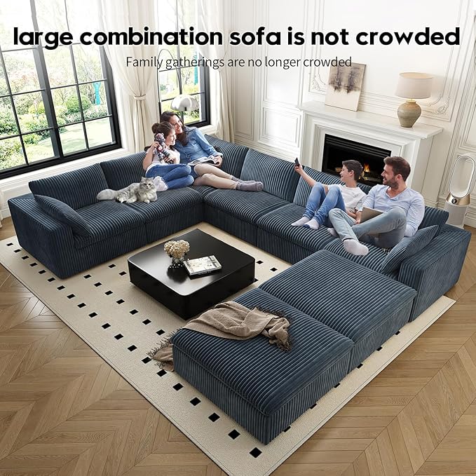 157.5" Cloud Couch Oversized Modular Sectional Sofa for Living Room,Modern Sofa with Deep Seat，8 Seater Boneless Couch with 2 Ottoman,Comfy Upholstered Couches for Apartment, Studio, Office,Blue-CasaMuseHome