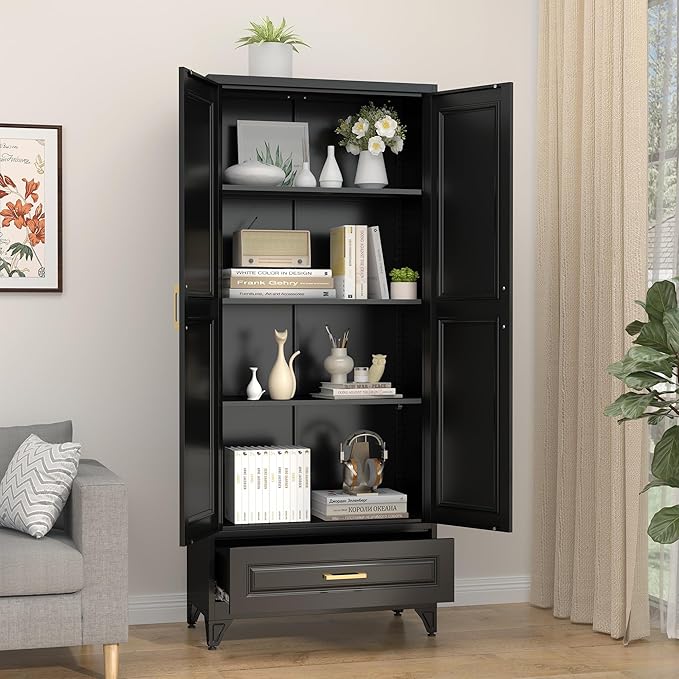 75" Kitchen Pantry Cabinet with Drawer, Metal Storage Cabinets with Doors and 4 Adjustable Shelves,Black Kitchen Cabinet with 2 Gold Handles,Food Cupboard for Livingroom,Pantry-CasaMuseHome