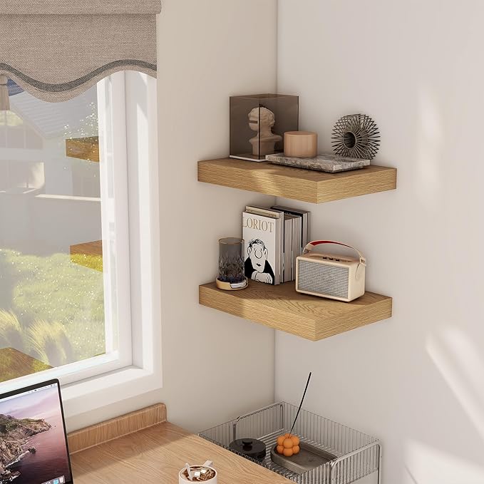 12 Inch Deep Floating Shelves, 16 x 12 Floating Shelf for Books, Rustic Wood Deep Wall Shelves for Home Storage & Display, 2" Thicked Shelves for Kitchen, Living Room, Bedroom, Oak Color, 2 Pack-CasaMuseHome