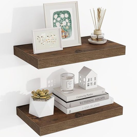 16 Inch Floating Shelves, 16"x9.25"x1.5" Inch Deep Floating Shelves for Wall, Wooden Shelves for Bathroom, Bedroom, Living Room, Brown-CasaMuseHome