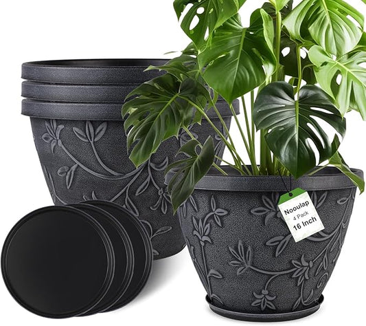 4 Pack 16 Inch Large Plant Pot for Outdoor, Plastic Flower Pot Indoor with Drainage Hole & Saucer, Modern Decorative Garden Pot, Imitation Magnolia Garden Pots for House Planters（Gray）-CasaMuseHome