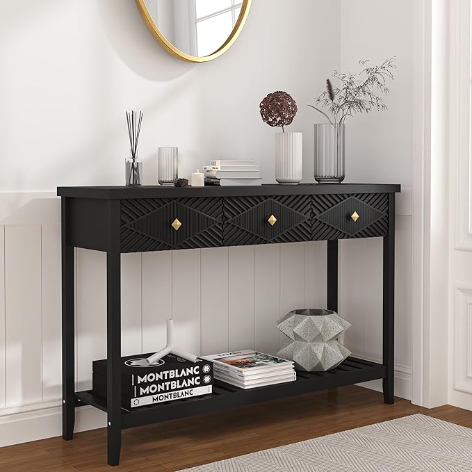 47" Console Table with 3 Drawers, Fluted Narrow Long Entryway Table with Storage Shelf, Accent Table for Entryway, Living Room, Behind Couch, Foyer, Hallway, Office-CasaMuseHome