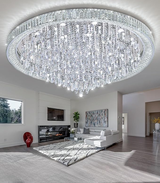 53.7'' Modern Chandeliers LED Dimmable Crystal Flush Mount Ceiling Chandeliers for Living Room High Ceiling Entrance Foyer Lobby Bedroom Silver-CasaMuseHome
