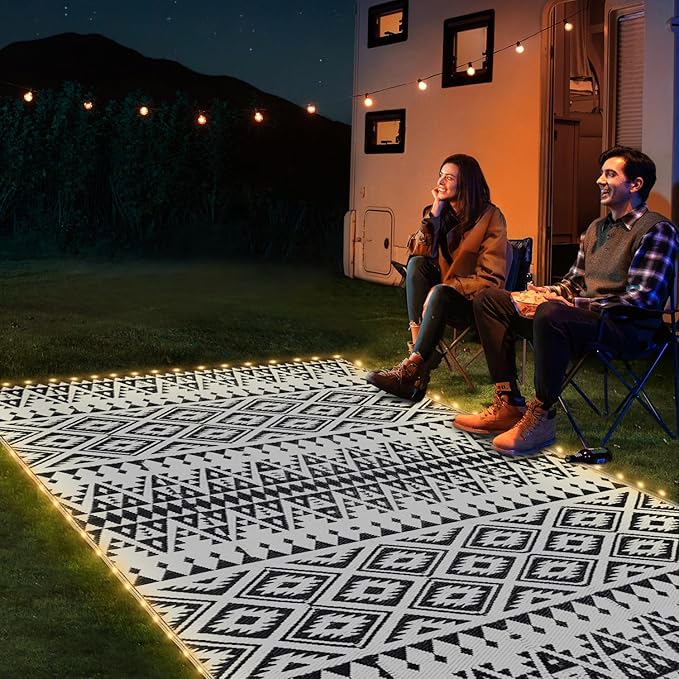 8x10ft Waterproof Outdoor Rug with LED Lights, Bohemia Reversible Plastic Straw Mat for Patio RV Camping Picnic Balcony Beach Deck Indoor Outdoor Carpet, Black&White-CasaMuseHome