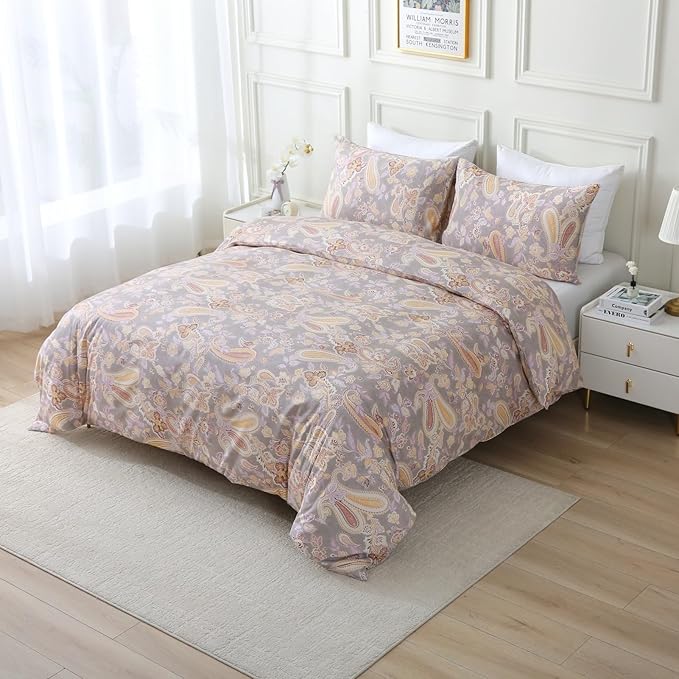 ABREEZE Paisley Bedding Sets 3Pcs Brushed Cotton Duvet Cover Set King Size Rustic Damask Gold Floral Comforter Cover with Zipper Closure Boho Bedding Collections-CasaMuseHome