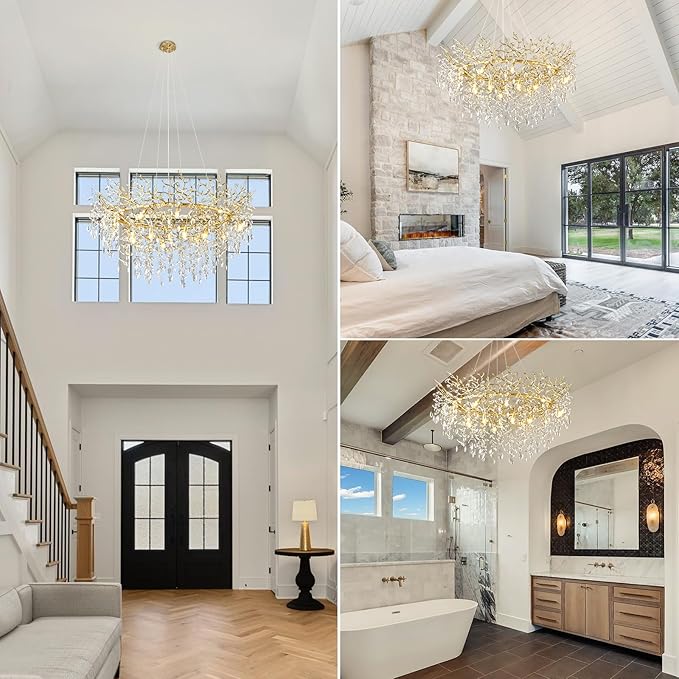 14-Light Modern Large Crystal Chandelier for Dining Room, 48" Round Gold Crystal Tree Branche Chandelier, Living Room Crystal Chandelier, Crystal Chandeliers for High Ceiling,Entryway,Foyer-CasaMuseHome