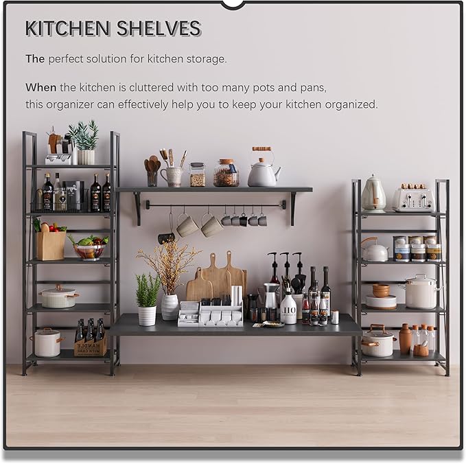 4NM No Assembly Foldable Bookshelf, 5-Shelf Collapsible Bookcase Storage for Small Spaces, 62.2" H, All Black-CasaMuseHome