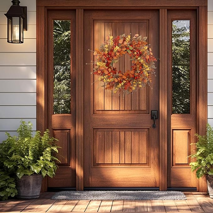 22 inch Artificial Fall Wreaths for Front Door,Autumn Wreath with Large red Berries and Fall Leaves Suitable for Indoor Outdoor Wall Porch Harvest Festival Thanksgiving Day Farmhouse Holiday Decor.-CasaMuseHome