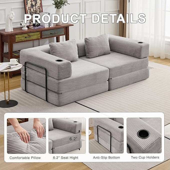 78" W Loveseat Sofa, 4 in 1 Convertible Floor Sofa Bed, Boneless Cloud Couch with Cup Holder, Fold Out Floor Couch, Loveseat Recliner Sleeper for Living Room Bedroom Lounge(Corduroy, White)-CasaMuseHome