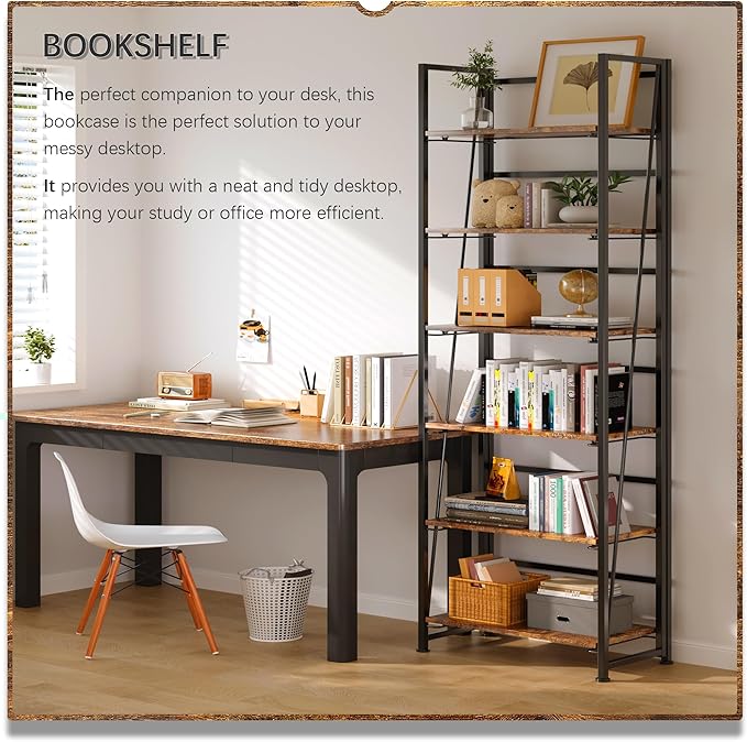 4NM No Assembly Foldable Bookshelf, 6-Shelf Collapsible Bookcase Storage for Small Spaces, 74" H, Rustic Brown and Black-CasaMuseHome