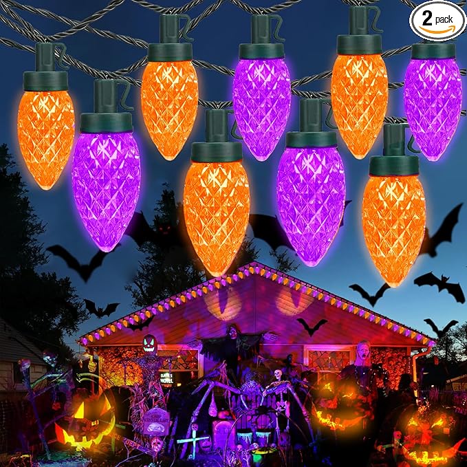 2PK 100 LED Purple and Orange C9 Halloween Lights Indoor Outdoor, Extendable 98FT C9 String Lights with 13 Modes & Timer, Waterproof Plug in Halloween Decorations for Tree Patio Fall Party Garden-CasaMuseHome