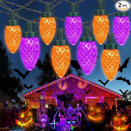 2PK 100 LED Purple and Orange C9 Halloween Lights Indoor Outdoor, Extendable 98FT C9 String Lights with 13 Modes & Timer, Waterproof Plug in Halloween Decorations for Tree Patio Fall Party Garden-CasaMuseHome