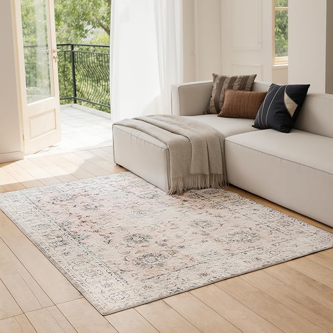 5'x7' Vintage Floral Rug - Persian Inspired Low-Pile Faux Wool Area Rug, Non-Slip Washable Rug for Bedroom, Nursery, Dorm, Soft Pink Boho Chic Decor-CasaMuseHome