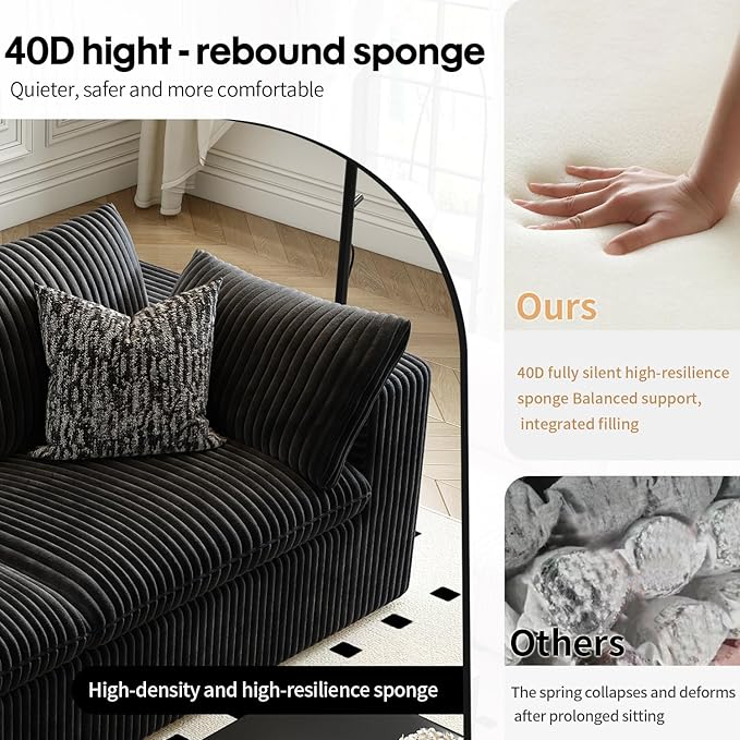 157.5" Cloud Couch Modular Sectional Sofa for Living Room,Modern Sofa with Deep Seat，4 Seater Boneless Couch,Comfy Upholstered Corduroy Couches for Apartment, Studio, Office,Bedroom，Black-CasaMuseHome