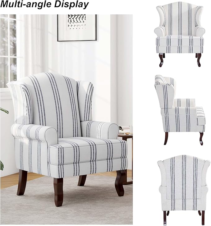 Accent Chair, High Back Upholstered Armchair with High Resilience Sponge & Wood Legs, Mid-Century Modern Comfy Single Sofa Reading Chairs for Living Room, Bedroom (Stripe Navy, Set of 1)-CasaMuseHome