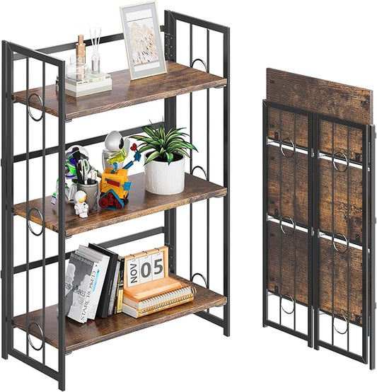 4NM No Assembly 3 Tiers Folding Bookshelf, 35" H Foldable Storage Shelves Vintage Bookcase Standing Racks Study Organizer Home Office - Rustic Brown Black-CasaMuseHome
