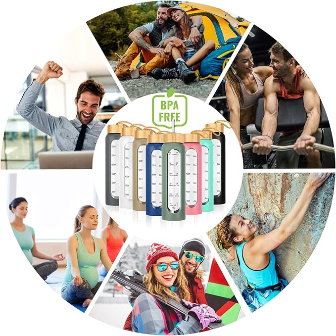 32 oz Glass Water Bottle with Straw - Motivational Time Marker & Silicone Sleeve - Reusable Tumbler Includes 2 Bamboo Lids & Fruit Infuser - 1 Pack-CasaMuseHome